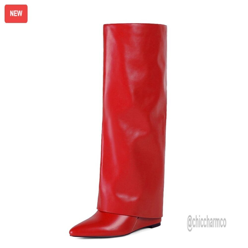 Knee High Fold Over Boots Wedge Heel Slouchy Tall Zipper Pointed Toe